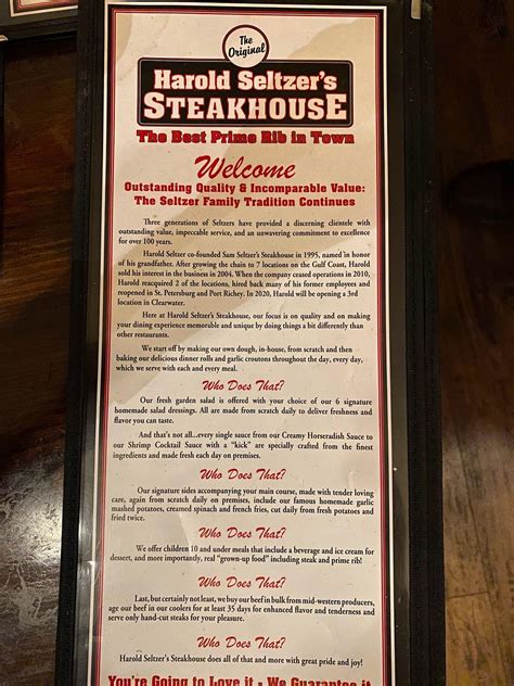 harold seltzers menu Specialties: Beautifully aged Steaks and Prime Rib and Seafood Established in 1995