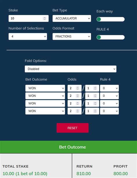 horse acca calculator O ur free bet calculator allows you to work out your returns from a variety of bet types including accumulators, Lucky 15s, singles, doubles, trebles and more