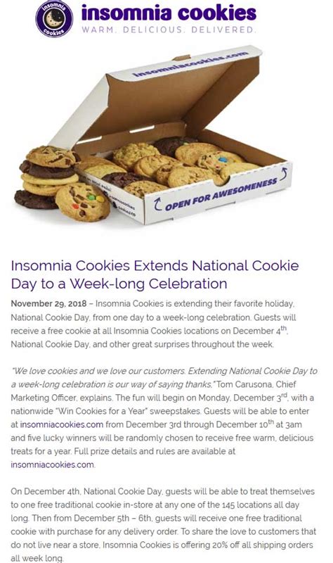 insomnia cookies promo code first order Customers can find a list of locations and information, as well as place an order for pick-up on the Insomnia Cookies website (or by calling 877-632-6654