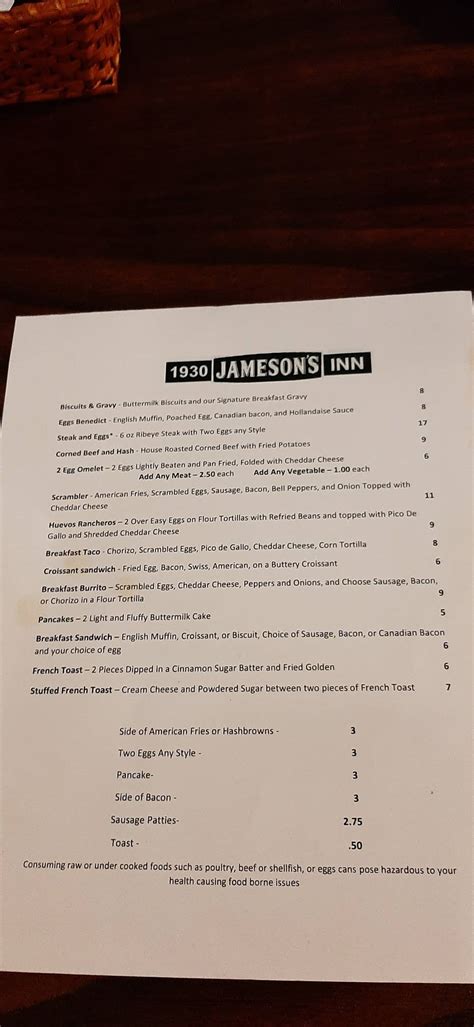 jameson's 1930 inn menu  Its menu includes a variety of burgers, sandwiches, appetizers, soups, pasta, steaks, seafood, desserts and beverages