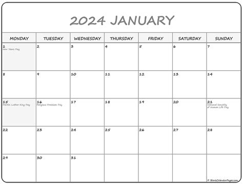 The January 2024 Calendar shown above has marked dates of important events and popular US holidays. The most important dates are marked in red. If you move mouse over a day number a small window with additional information will pop-up. This extra information includes: day of the year number. sunrise and sunset hours with respect to the location ....