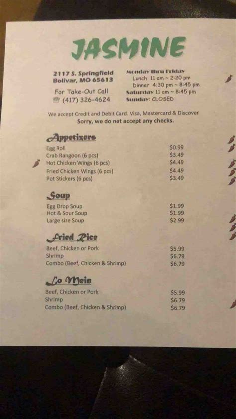 jasmine chinese restaurant bolivar menu  Nestled in the heart of Carlow, Jasmine Chinese Restaurant is a fine dining spot that offers a wide range of authentic Chinese dishes at reasonable prices