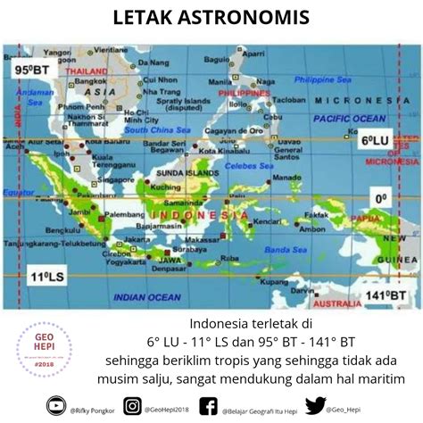 jelaskan letak astronomis dan letak geomorfologis wilayah indonesia LETAK ASTRONOMIS negara Indonesia berada pada: 6° LU [Lintang Utara] sampai 11° LS [Lintang Selatan] 95° BT [Bujur Timur] sampai 141° BT [Bujur Timur]