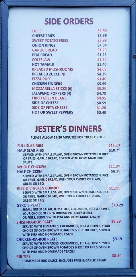 jester's fast food menu  Menu With Prices Online