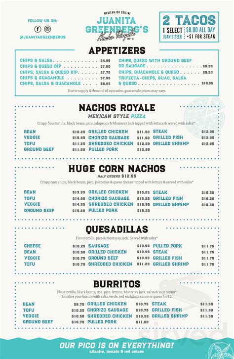 juanita greenberg's nacho royale menu  She’s the owner of Juanita Greenberg’s Nacho Royale in Mount Pleasant and a partner in its downtown location and Andolini’s Pizza in Mount Pleasant with her