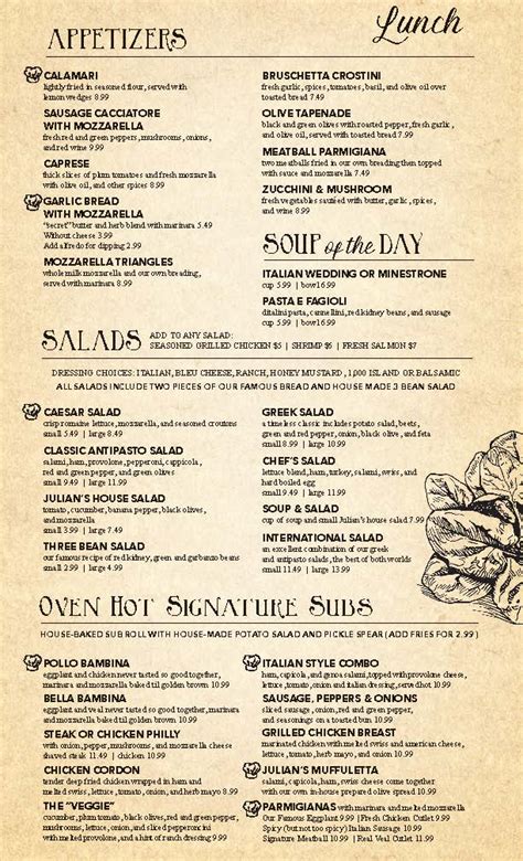 julian's little italy menu  Served with a side salad and breadstick