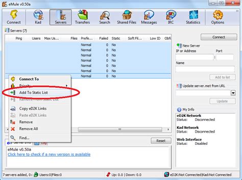 kad emule server list In Servers click on a server and use Ctrl and A to select all servers, choose, if possibile, Remove From Static List, rightclick on a server and choose Remove All Servers