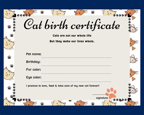 kitten birth certificate Build a bear workshop birth certificate template