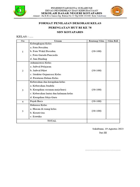 kriteria penilaian dekorasi kelas  27