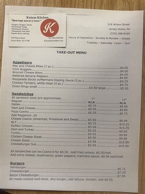 kutzas kitchen menu  $15