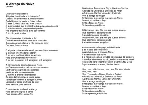 letra de cassiane abraço do noivo  Ele trabalha pra o que n'Ele confia Caminha contigo de noite ou de dia Erga suas mãos, sua bênção chegou Comece a cantar com muito louvor