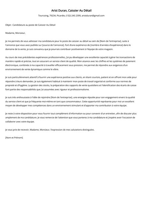 lettre de motivation caissier étudiant  Modèle de Lettre de motivation gratuit pour un poste de Caissier en Candidature Spontanée, niveau Job Etudiant