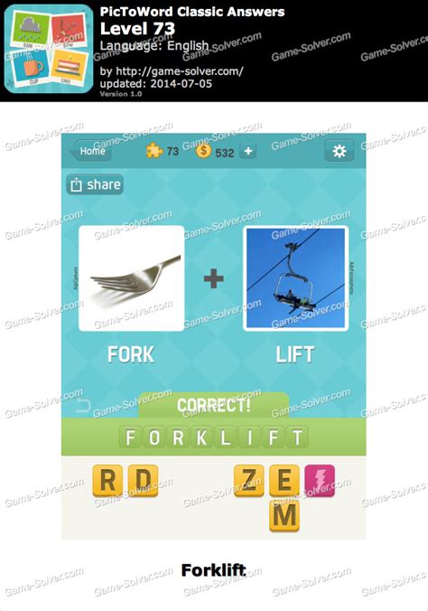 level 73 pictoword This is the answer for PicToWord Classic Level 273 with Cheats, Solution Same as What’s the Word Game for iPhone, iPad, Android, Kindle by Kooapps LLC Words Game with screenshots answers