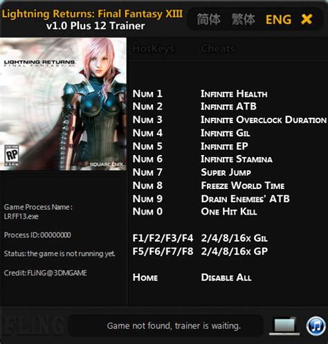 lightning returns final fantasy xiii trainer  If you have problems using a trainer in combination with Windows Vista, 7, 8 or 10 then make sure to run the trainer with Administrator rights and when needed in Windows XP or Windows 98 compatibility mode!