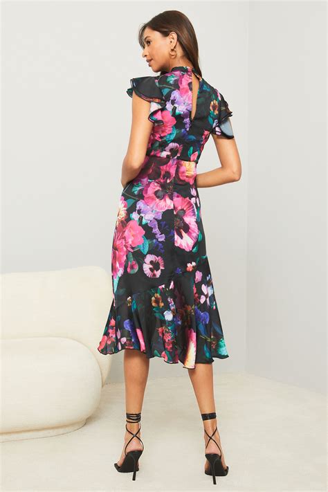 lipsy printed keyhole ruffle fit and flare midi dress  Lipsy Green Printed Keyhole Ruffle Fit and Flare Midi Dress