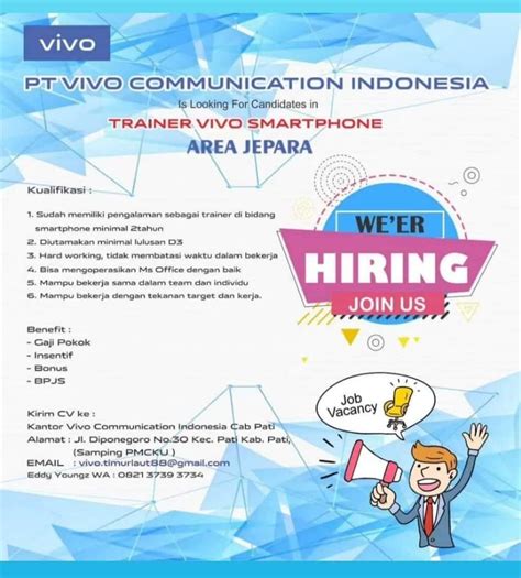 loker-jepara  Info lowongan ini diperoleh dari Bila tertarik dan memiliki semangat Tinggi dalam bekerja, lamaran lengkap dapat dikirimkan