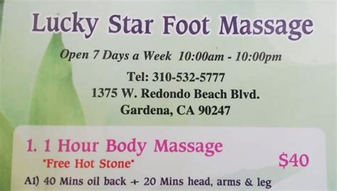 lucky star foot massage  Lucky Star Foot Massage 1375 W Redondo Beach Blvd, Gardena, CA 90247 (310) 532-5777