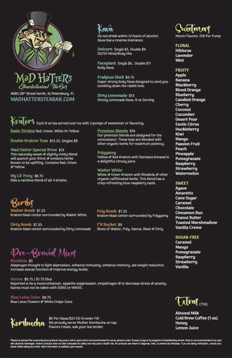 mad hatters kava bar menu  They have a little bit for everyone, including exotic teas like kava, kratom, and loose