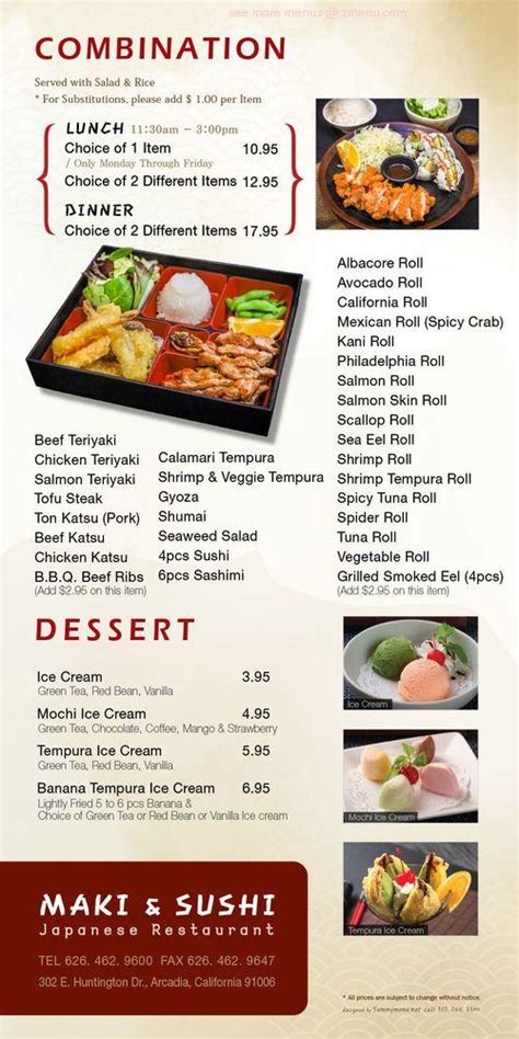 maki and sushi menu arcadia  1056 $$ Moderate Sushi Bars, Japanese, Salad