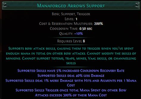 manaforged arrows poe I think people slap it on manaforged arrows without knowing it (myself included) The only use case of Ensnaring Arrow and Manaforged arrow I can think of is for Bleed bow for “count as moving” part
