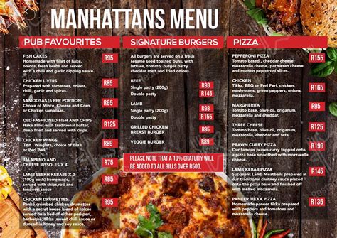 manhattans pub and grill umhlanga menu  Be ready to pay ZAR 290 for a meal