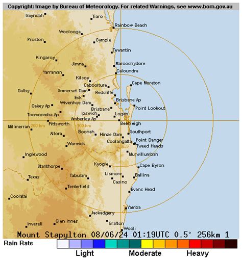 mt stapylton radar 256km loop  LOCATION: Brisbane (Mt Stapylton) TYPE: Meteor 1500 S-band Doppler AVAILABILITY: 24 hours Geographical Situation: The radar is located on an isolated hill about 150m above mean sea level, just east of Beenleigh