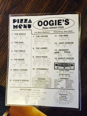 oogie's country pizza menu  Rate your experience! $ • Pizza Hours: 4 - 9PM 143 W Madison St, Gibsonburg (419) 637-7535 Menu Order Online Ratings Google 4