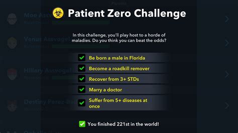 patient zero challenge bitlife  Below are the five tasks you will have to complete to finish the Patient Zero Challenge in BitLife: Be born a male in Florida; Become a roadkill remover; Recover from 3+ STDs; Marry a doctor; Suffer from 5+ diseases at once Every week, there is a new BitLife challenge that we can learn how to complete