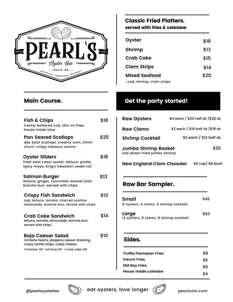 pearl's oyster bar menu  The Pearl is a well-polished culinary jewel that features seasonal seafood, unique shareables, handcrafted cocktails and more