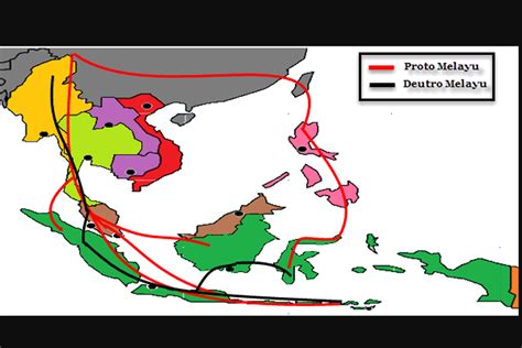 peta proto melayu dan deutro melayu  Gelombang pertama terjadi sekitar 1500 SM yang membawa orang-orang Proto Melayu