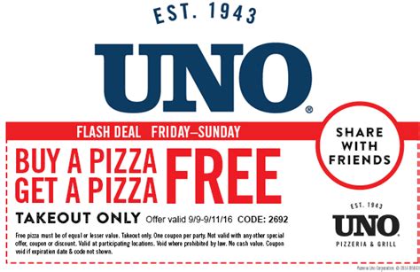 pizzeria uno coupon  Offer valid on takeout pizza orders only