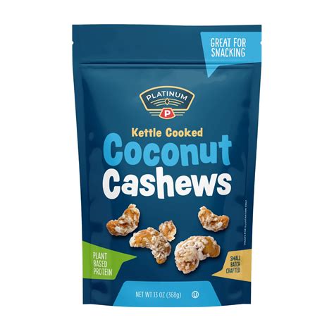 platinum kettle cooked coconut cashews  Get full nutrition facts and other common serving sizes of Walnuts including 1 nut and 1 cup, in shell, edible yield