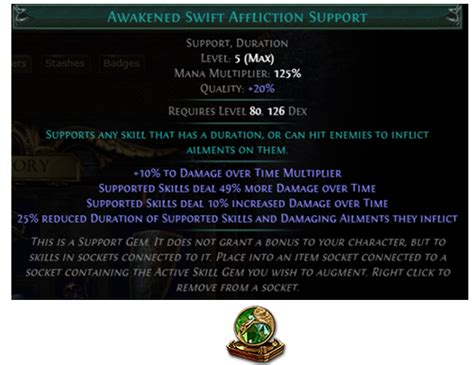 poe swift affliction  Arcane Surge Support Each supported spell will track how much mana you spend on it, granting a buff when the total mana spent reaches a threshold