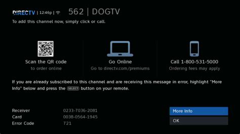 problema 721 directv com, haga clic en Atención al cliente, Solución de problemas, Mensajes en pantalla, Llame a Atención al cliente, ext