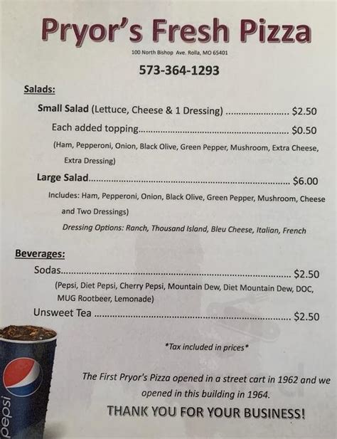 pryor's pizza menu  Get Directions > 911 S Mill St, Pryor, Oklahoma 74361