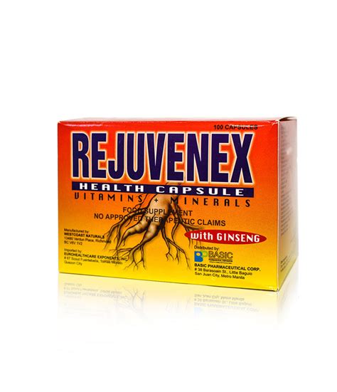 rejuvenex capsule Buy Rejuvenex Health Capsule with Ginseng ( sold per capsule) online today! REJUVENEX CAPSULE MULTIVITAMIN WITH GINSENG 100 CAPSULES PER BOX Vitamin A Palmitate 1833 IU Ergocalciferol 200 IU Dl-Alpha Tocopheryl Acetate 10 mg Ascorbic Acid 40 mg Thiamine Nitrate 1