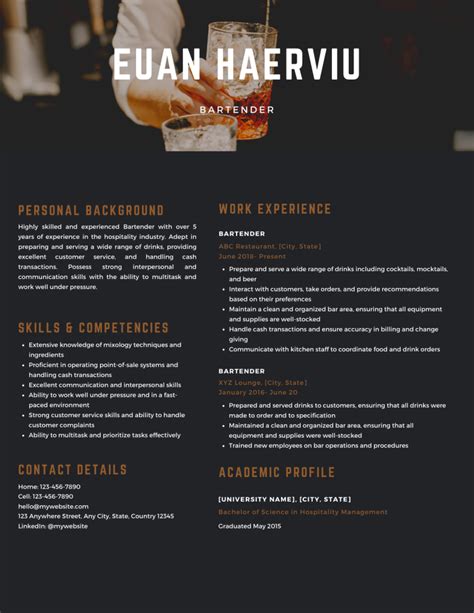 resume template bartender  As a bar manager, it can be best to highlight a mix of hard and soft skills on your resume so employers have a complete idea of your abilities