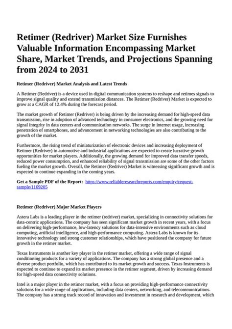 retimer (redriver) market The Retimer (Redriver) market report provides growth rate, recent trends, and an absolute study of prime players at intervals of the market by the weightlessness