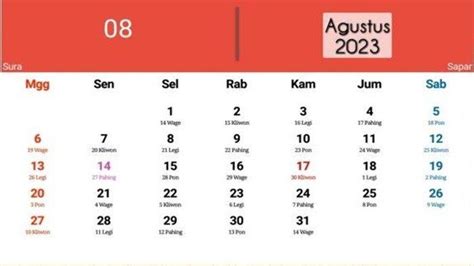 rhk sabtu 19 agustus 2023  - Manado PostKalender Jawa untuk periode bulan Agustus 2023 Masehi dimulai dari tanggal 13 Sura 1957 – Jimawal, Sancaya Kulawu sampai dengan tanggal 13 Sapar 1957 – Jimawal, Sancaya Kulawu