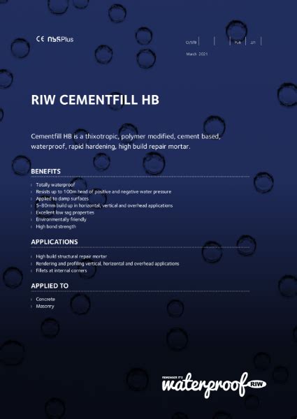 riw cementfill hb  Cementfill FC; Cementfill HB; Cementflex; Cementseal; Gas Proofing Systems