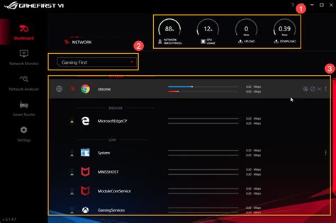 rog gamefirst vi  For icon ② to ⑤ icons, please refer to the list below for more detailsGameFirst VI, an integration network tool, designed for ASUS ROG products for network optimization