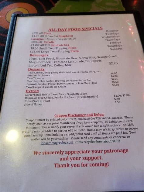 roma greeley menu  Pizza is great, pasta sauce is great and pasta is good