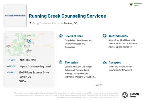 running creek counseling  Cassidy, LPCC? Running Creek Counseling Service (Franktown) Running Creek Counseling Service (Franktown) located at 2195 North Hwy 83, Franktown, CO 80116, United States is an alcohol rehab center providing substance abuse treatment with outpatient care