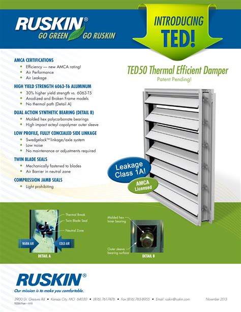 ruskin ted50  • Kansas City, MO 64030 • (816) 761-7476 • FAX (816) 765-8955 INDUCT MOUNT CONTROL DAMPERS Ruskin model TED50DC offers high performance and reliability for HVAC systems serving data center facilities