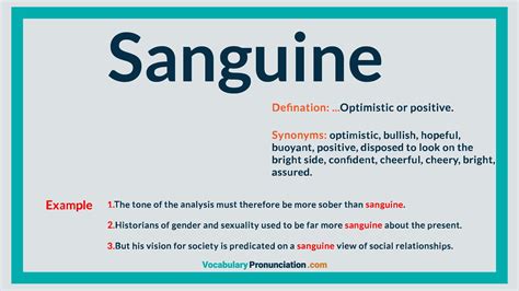 sangui pronunciation  Cheerfully confident; optimistic: sanguine about the prospects for an improved economy