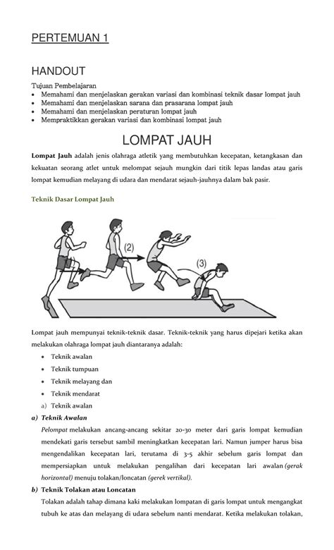 sarana dan prasarana lompat jauh e) Lakukan landing secara aktif sebagai suatu gerakan seperti pegas (memegas), ketika menyentuh tanah daripada menunggu tanah menyentuh kaki yang take of