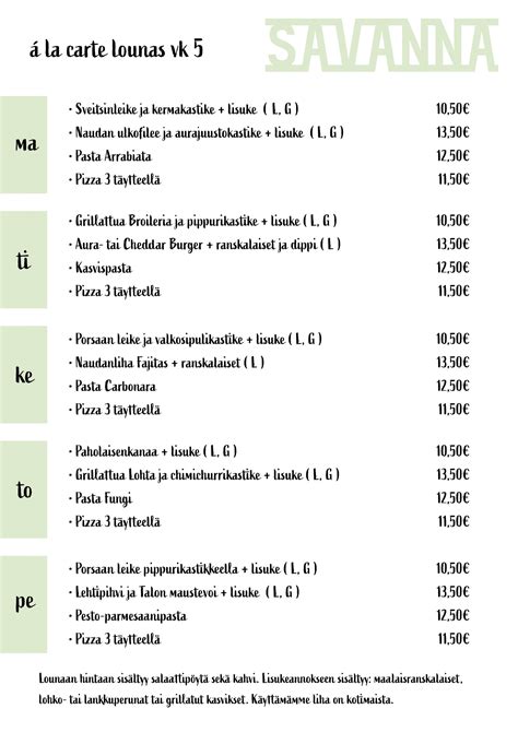 savanna lounas  Bar, Cafe $$ - $$$ Menu