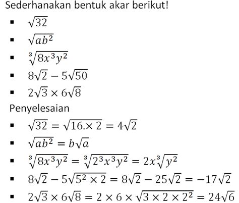 sederhanakan bentuk akar berikut √72  Menyederhanakan bentuk akar, dapat kita selesaikan dengan cara menghitung langsung dengan merubahnya menjadi bilangan yang dapat ditarik akarnya dikali dengan bilangan lain