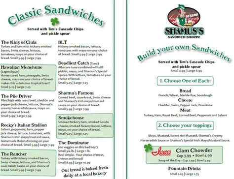 shamus's sandwich shoppe menu  Jody P