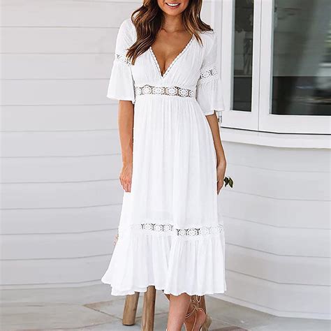 show me white summer dresses with bohemian vibes  Knitted Sweater Dress